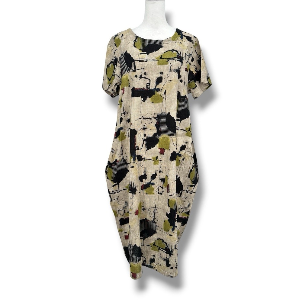 Women's 100% Linen Abstract Print Midi Dress M Pockets Lagenlook Artsy Boho